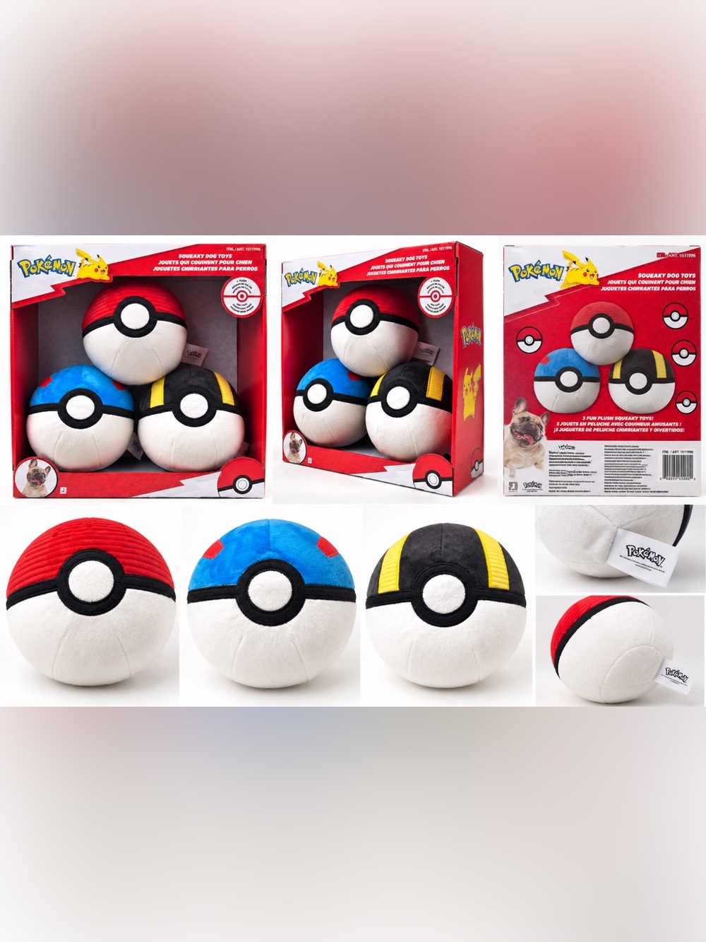 Pokรฉmon Plush Squeaky Ball DOG Toy Set - Red, Blue & Black